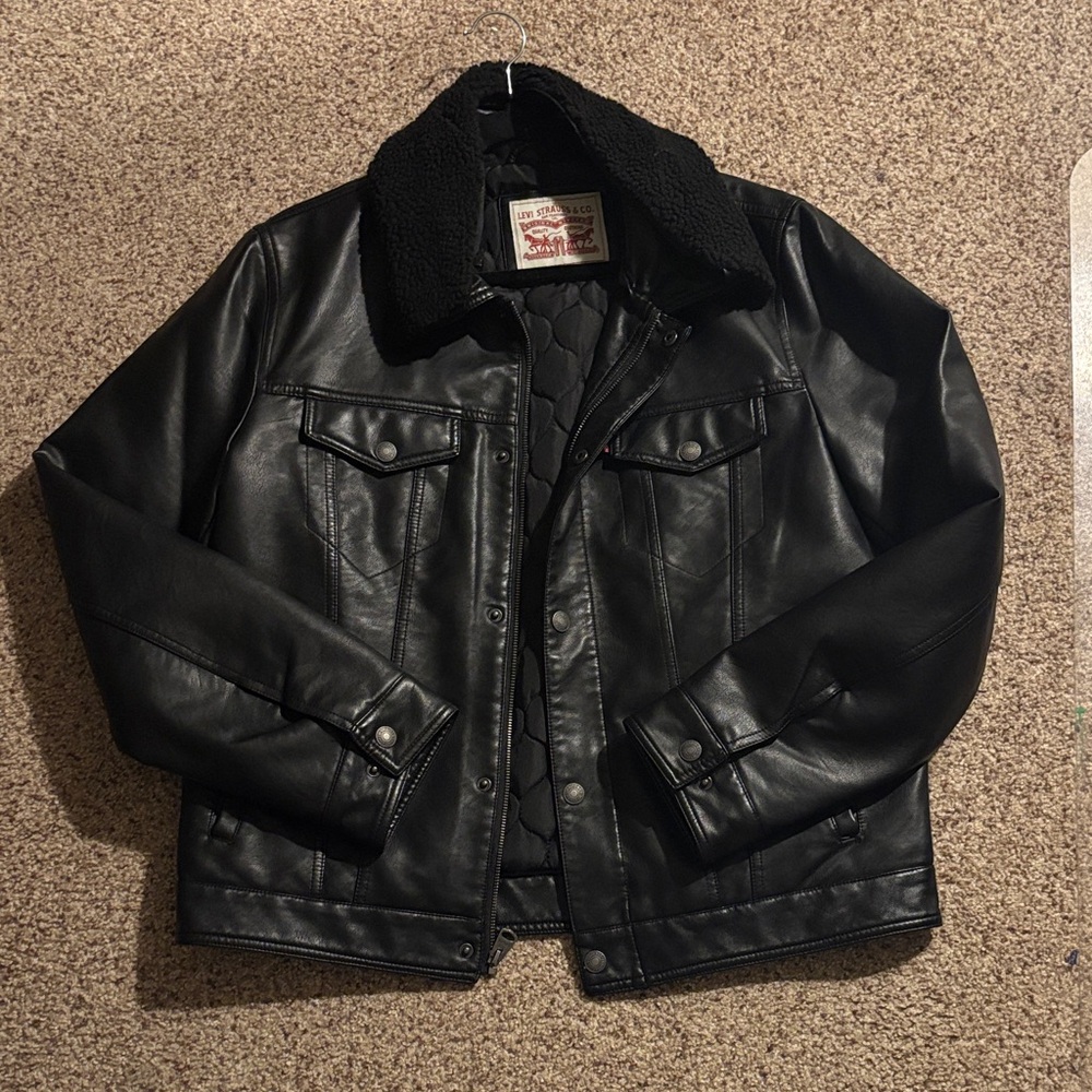 Men's Black Leather Jacket with Faux Fur Collar